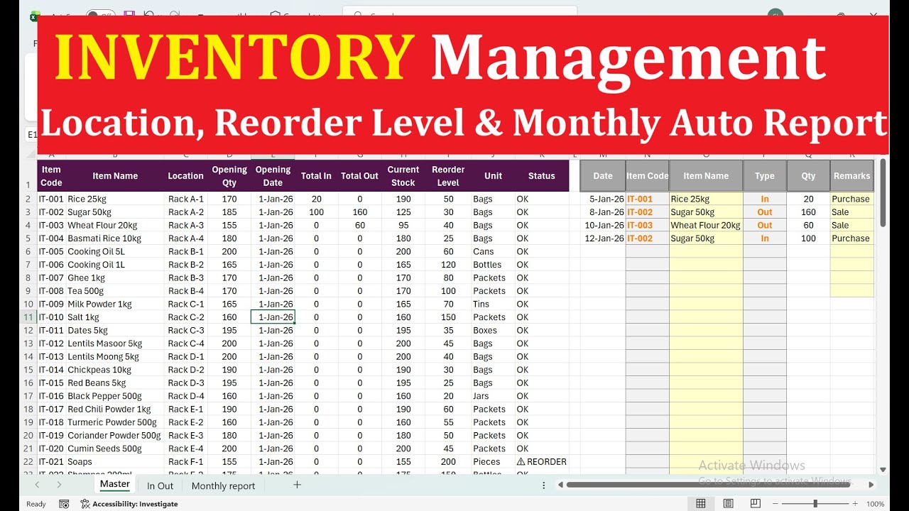 Inventory Management System in Excel | Location, Reorder Level & Monthly Auto Report