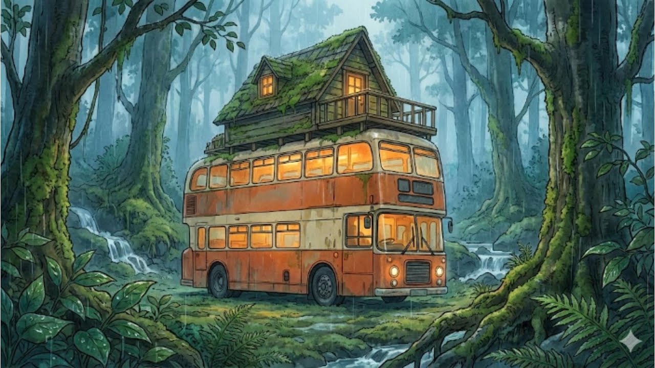 Living in a Vintage Bus in the Forest 🚌⛈️ | A Cozy Ghibli-Style Adventure (ASMR) | Silent Nights