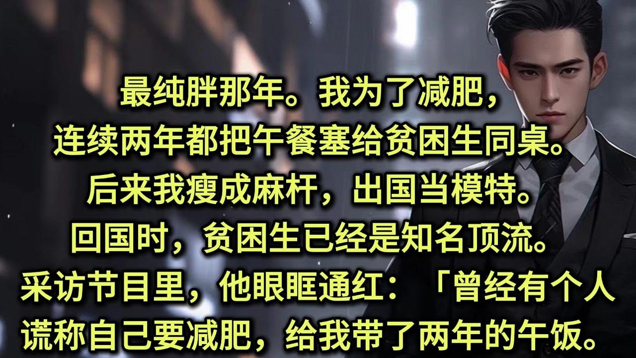 最纯胖那年。我为了减肥，连续两年都把午餐塞给贫困生同桌。后来我瘦成麻杆，出国当模特。回国时，贫困生已经是知名顶流。采访节目里，他眼眶通红：「曾经有个人，谎称自己要减肥，给我带了两年的午饭。」