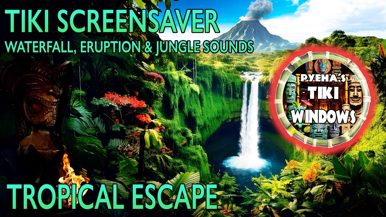 Tiki Jungle Volcano Ambience 🌋 | 2k Waterfall, Erupting Volcano & Fire | Tropical Screensaver