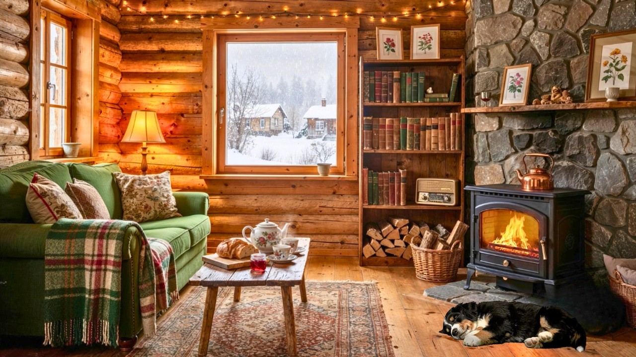 Cozy 1940s Winter Cabin Evening ☕ Oldies Playing in Another Room | Soft Vintage Jazz