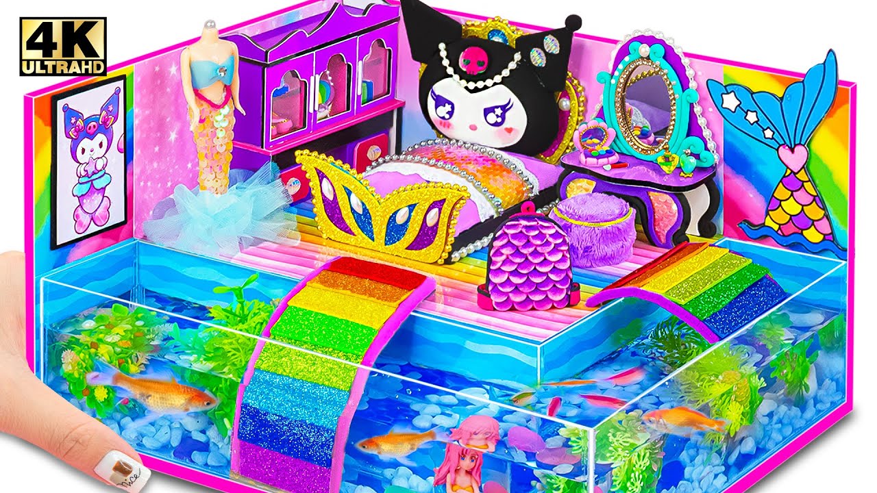 Build Mermaid Aquarium Around Kuromi House with Rainbow Bedroom & Sparkly Dress ❤️ DIY Mini House