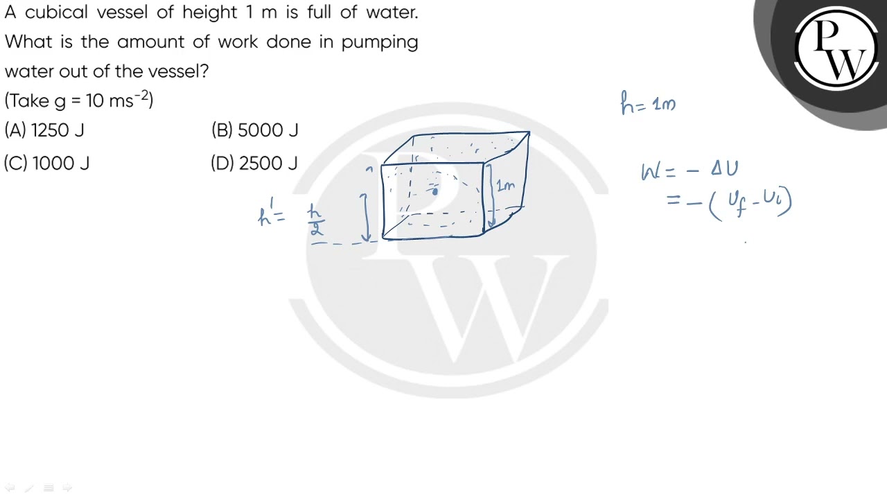 A cubical vessel of height 1 m is full of water. What is the amount of work done in pumping wate....