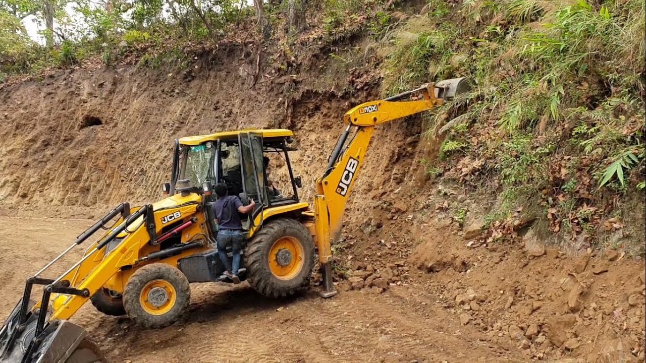 JCB Backhoe Loader-Small Back Bucket-Cutting Hill to Widen Road