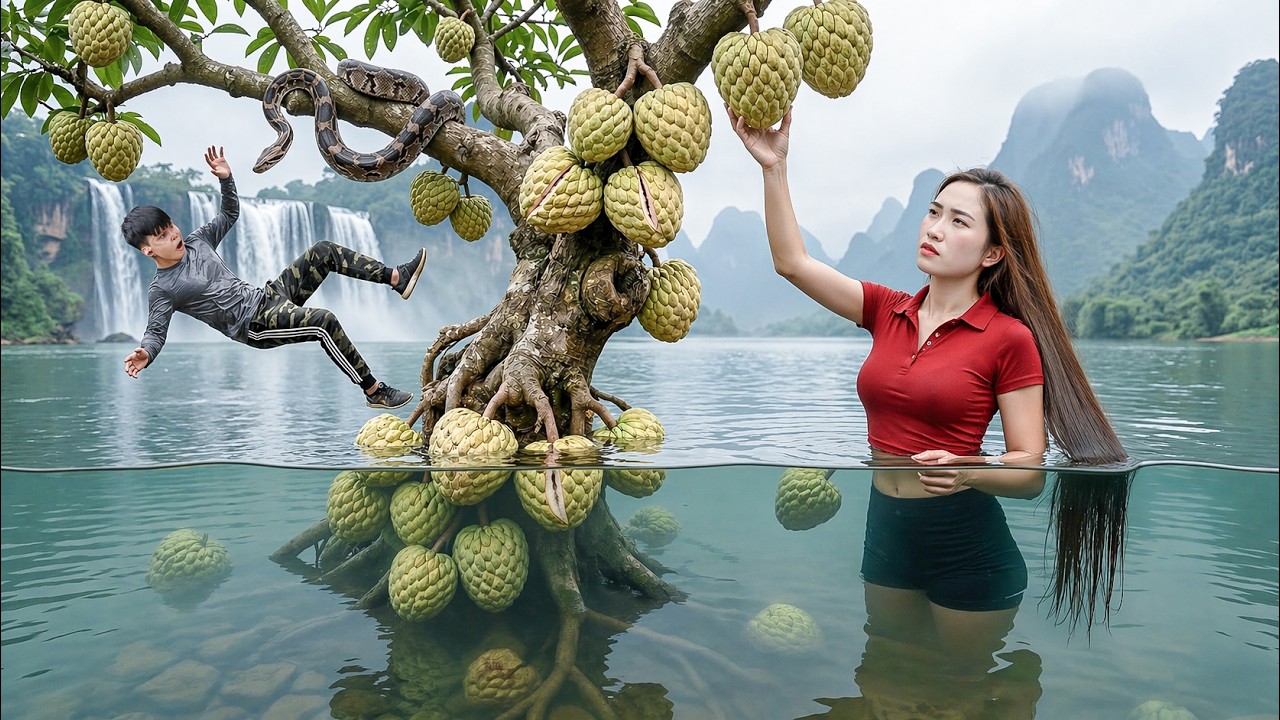 Harvesting Rare Custard Apple Growing in a Dangerous Lake | Do Not Try What the Long Haired Girl Did
