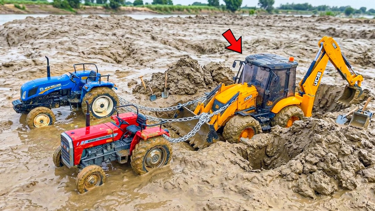 JCB 3DX Muddy Accident Pulling Out New Holland & Massey Tractor JCB 5CX | JCB Tractor Cartoon