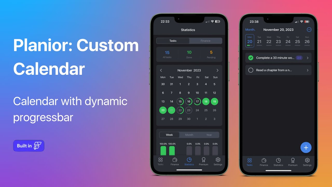 Planior: Custom Calendar with dynamic progressbar | #flutterflowimagine