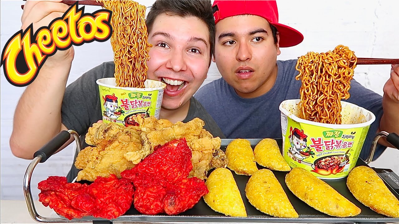 Nuclear Black Bean Noodles, Hot Cheetos Fried Chicken, & Spicy Fire Dumplings • MUKBANG