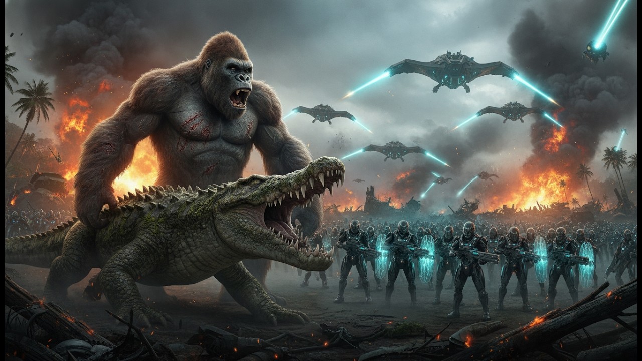 kong and crocodile team up with against azgoth army to save skull island