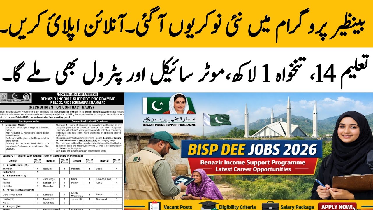 BISP new Jobs apply online today | BISP compliance Monitor Jobs pay 1 lakh | @hottalkupdate