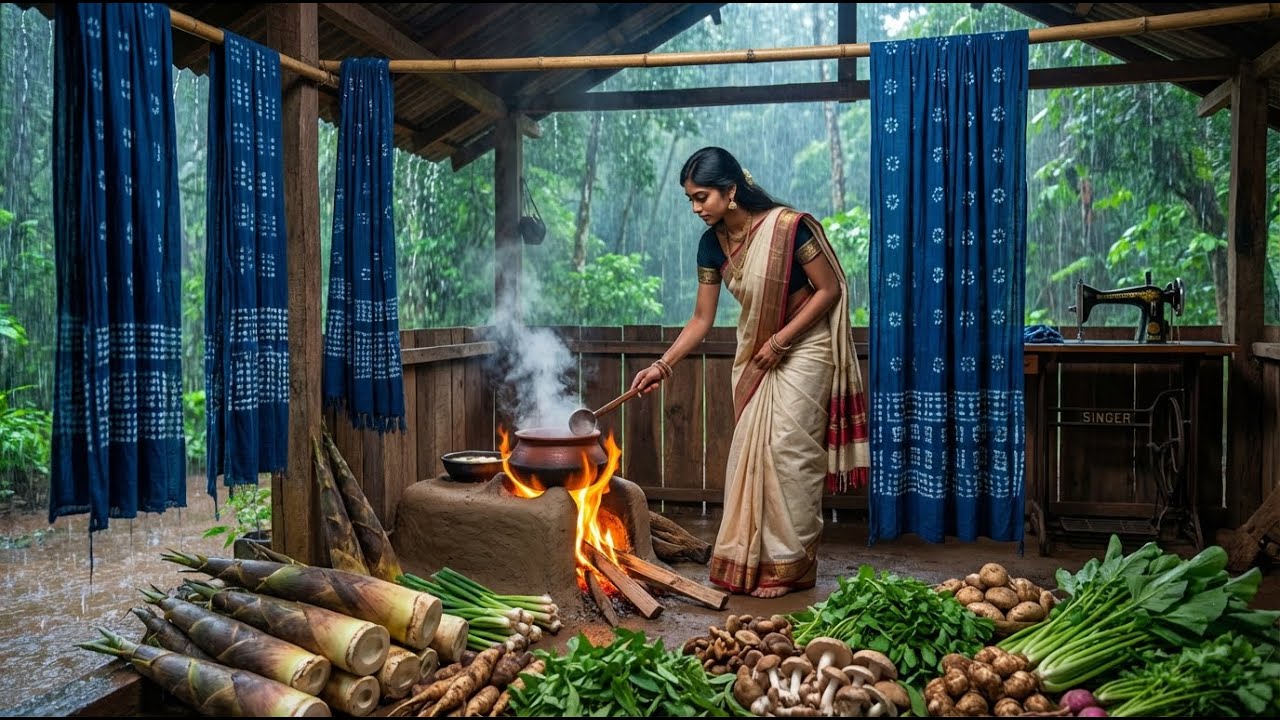 Heavy Rain Monsoon! Harvesting Wild Indigo & Making Blue Dye Process | Bamboo Shoot Curry