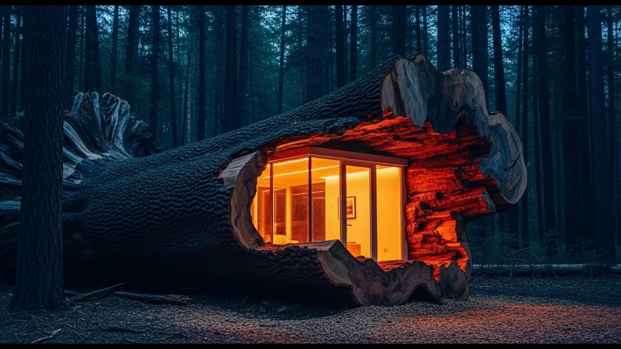 I Built a Modern Survival Room Inside a Fallen Tree