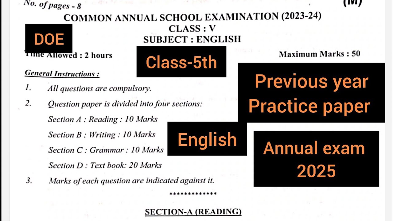 Practice Paper|English|Class 5|Previous year 2024 DOE#pathshalamastii #bilingual#annualexam2025#cbse