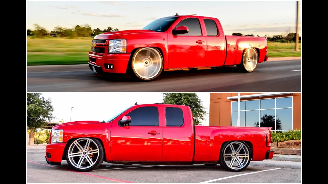 Lowered Chevy Silverado 1500 Extended cab with tubs on 26s Gianelle wheels and a 8/10 drop.