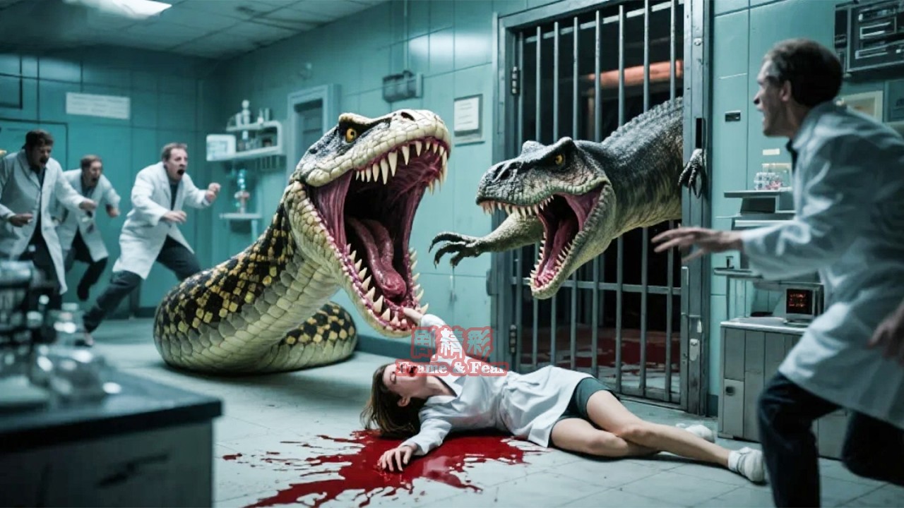 Мутировавший тираннозавр сражается с гигантским питоном — учёные были съедены чудовищем.