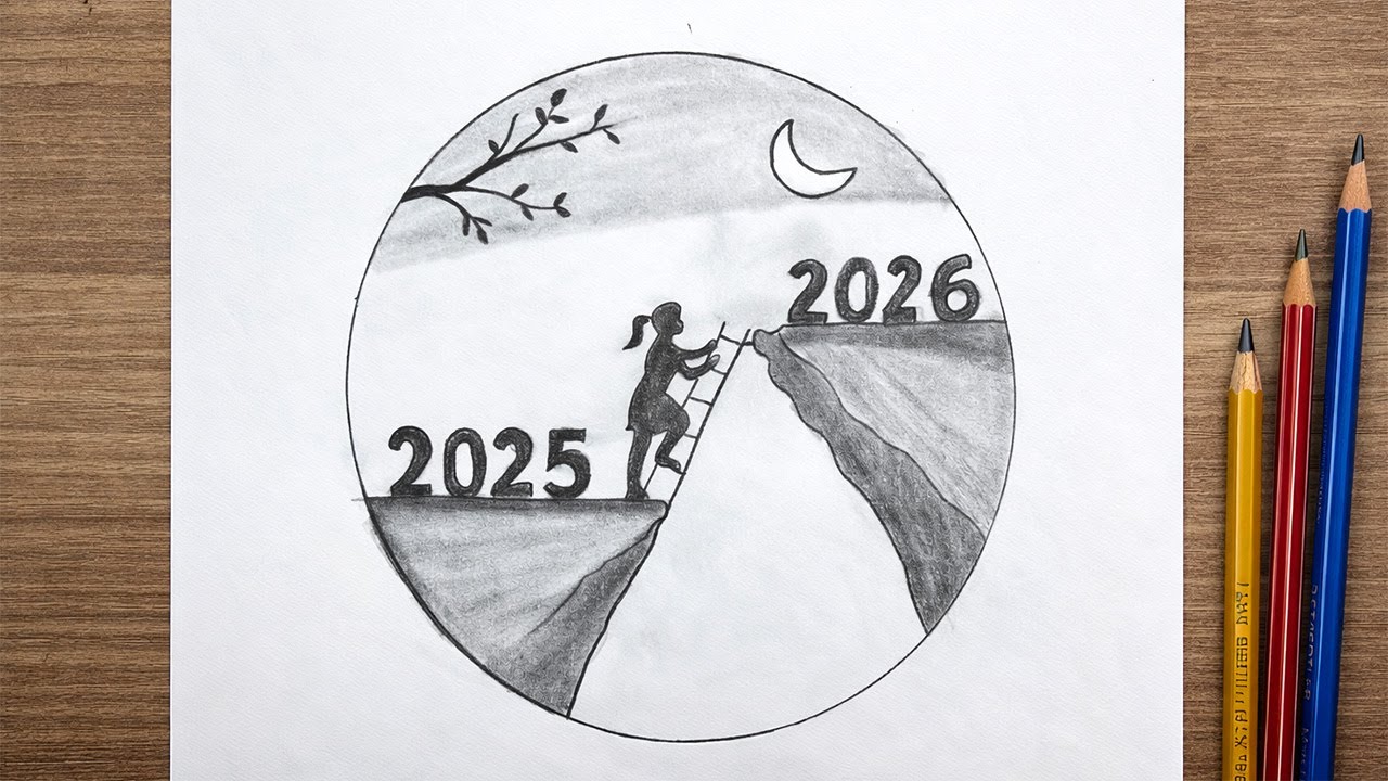 Wie malt man Frohes Neues Jahr 2026 - Zeichnen mit bleistift