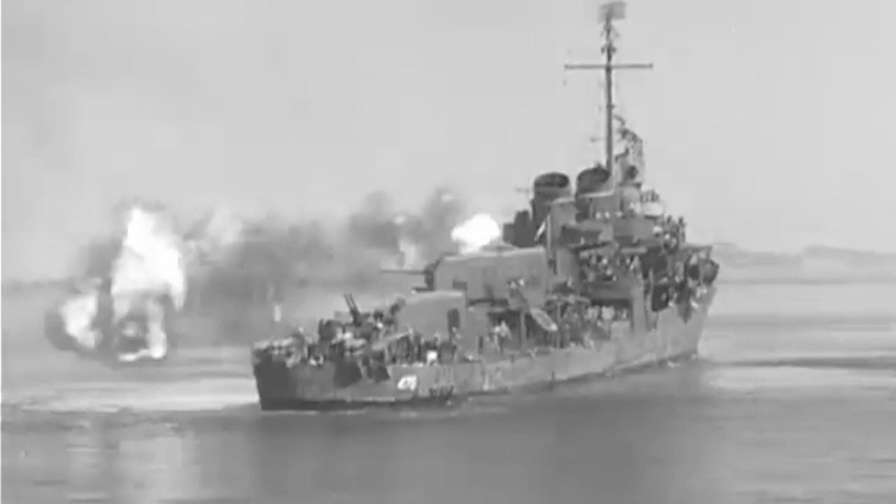 USS Hutchins (DD-476) and LCI(R)s bombarding Leyte, Philippines, October 20, 1944 -Footage