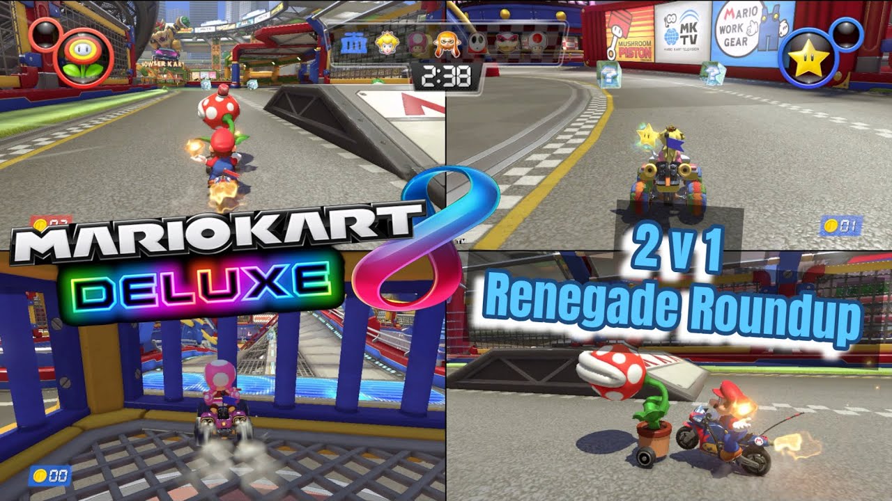 3 Player Mario Kart Team Battle! Renegade Roundup - All 8 Maps! (2vs1)