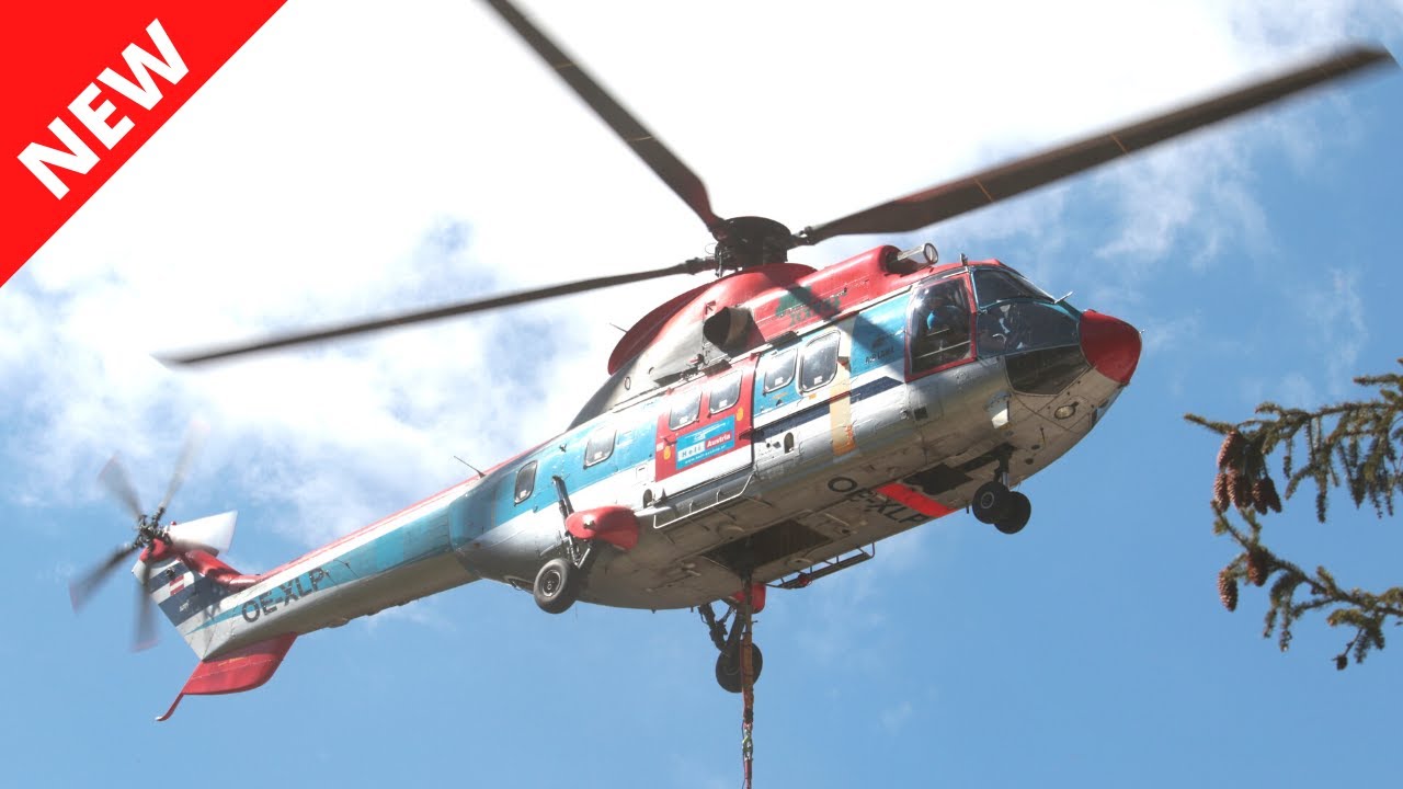 Big Helicopter AS332 Super Puma aerial work in Dolomiti Italy