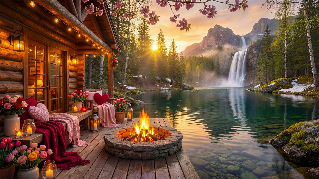 Valentine&rsquo;s Day Lakeside Cabin Porch Ambience ❤️ Gentle Fire Sounds, Calm Water & Nature Sounds