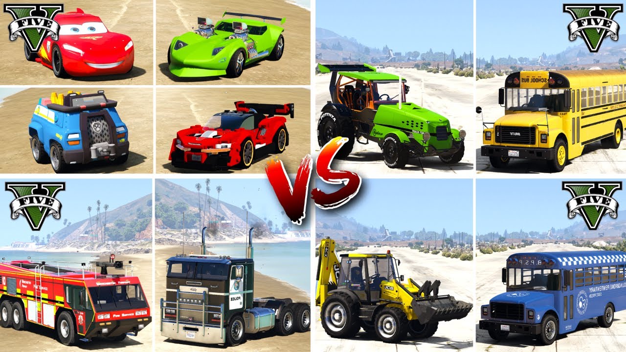 GTA 5 Vehicle Showdown 🔥 Fire Truck vs Police Hauler vs School Bus vs LEGO Car vs Tractor vs JCB❗️