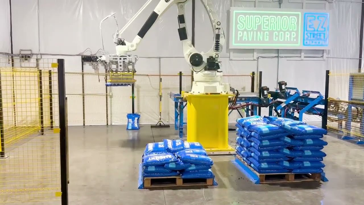 Cold Patch Asphalt: Magnum System's Automated Packaging & Robotic Palletizing System for 50 lb Bags