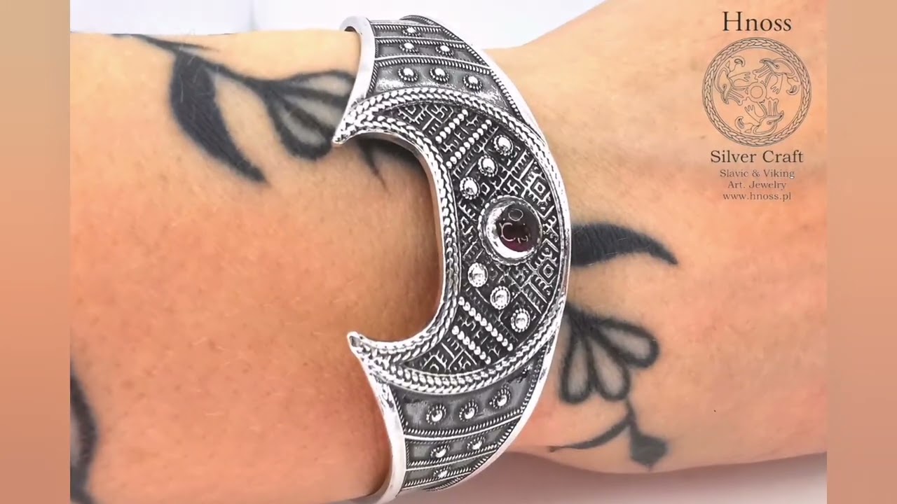 Amulet Lunula Silver Bracelet with Garnet & Slavic Ornaments by Hnoss Silver Craft.