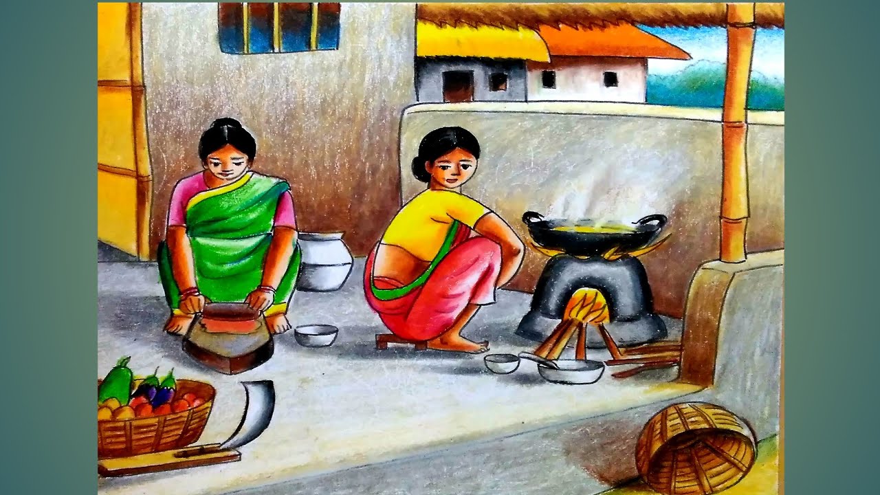 How to draw village women cooking /Village working women drawing step by step