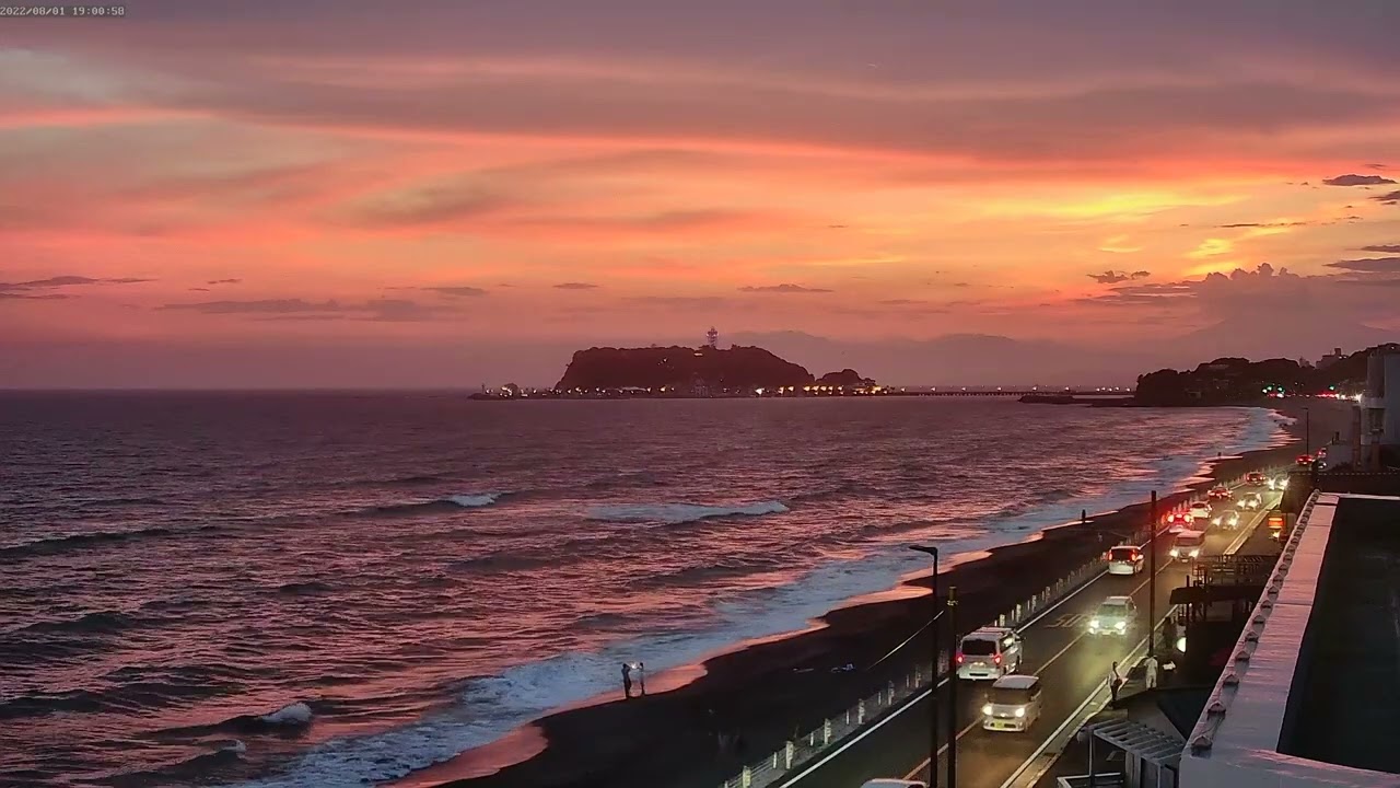 【湘南 江ノ島 江ノ島シーキャンドル】 夕焼け 日没 サンセット 湘南ライブカメラアーカイブ Mt.Fuji Sunset Superb View