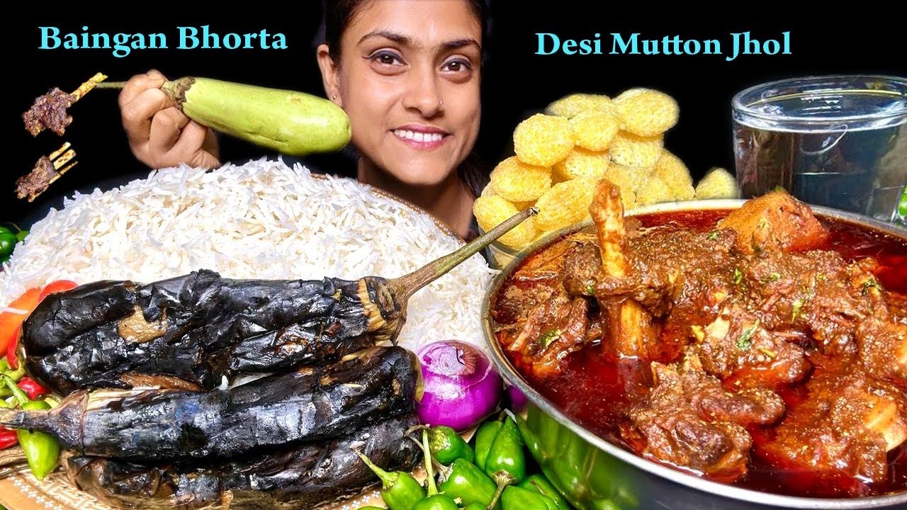 Spicy Desi Lal Lal Mutton Jhol With Basmati Rice Baingan Bharta Papad Eating Mutton Curry Rice 