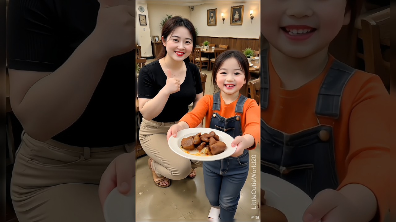Beautiful Mom Teaches Cute Baby to Share Stewed Meat
