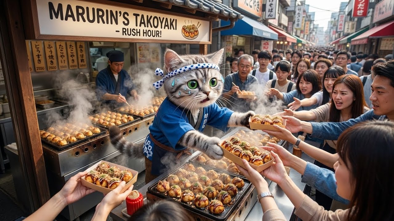 アツアツだよ!!お祭り屋台でたこ焼きをくるくる...ねこの一日に密着🐱🐙