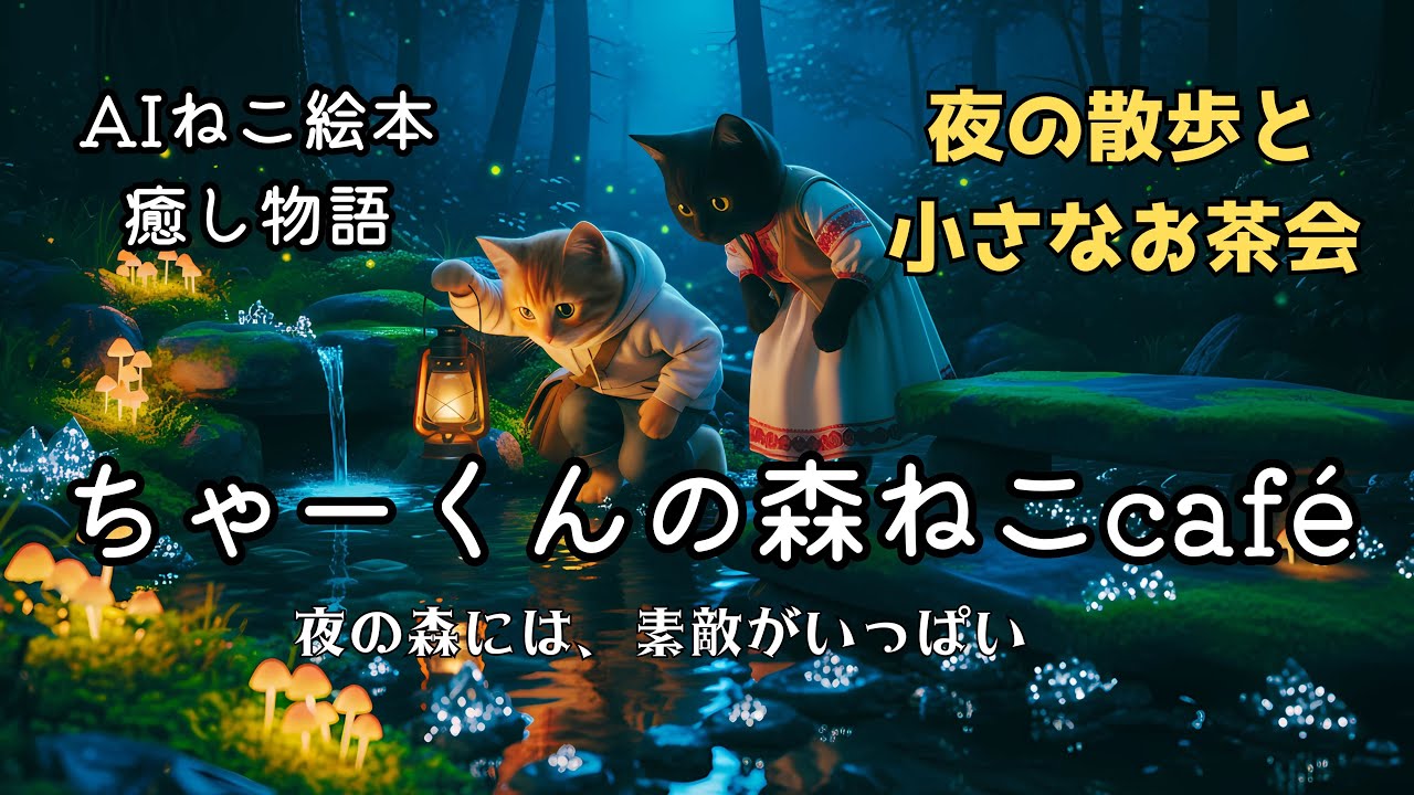 【AI猫の物語】ちゃーくんの森ねこcafe｜夜の散歩と小さなお茶会｜湖のレディと涙の月下美人