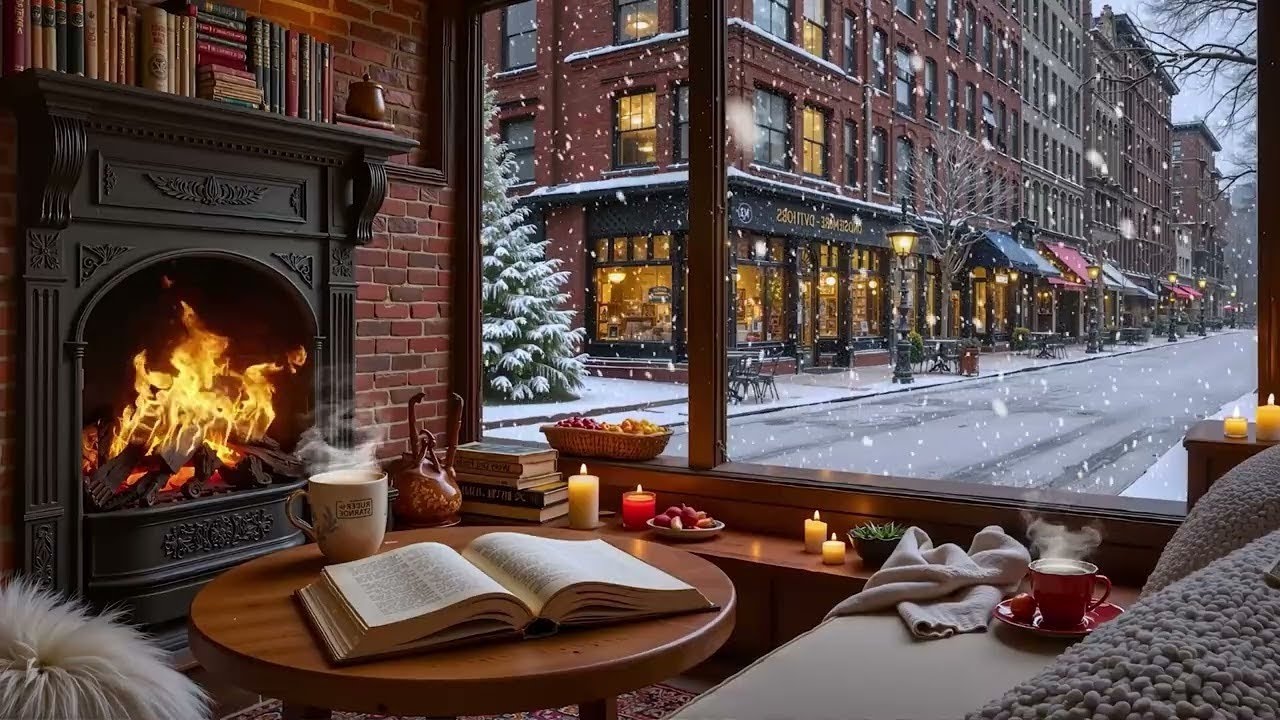 Deep Winter Night Jazz ❄️ Snowy Coffee Atmosphere & Cozy Fireplace Sounds for Studying and Focusing
