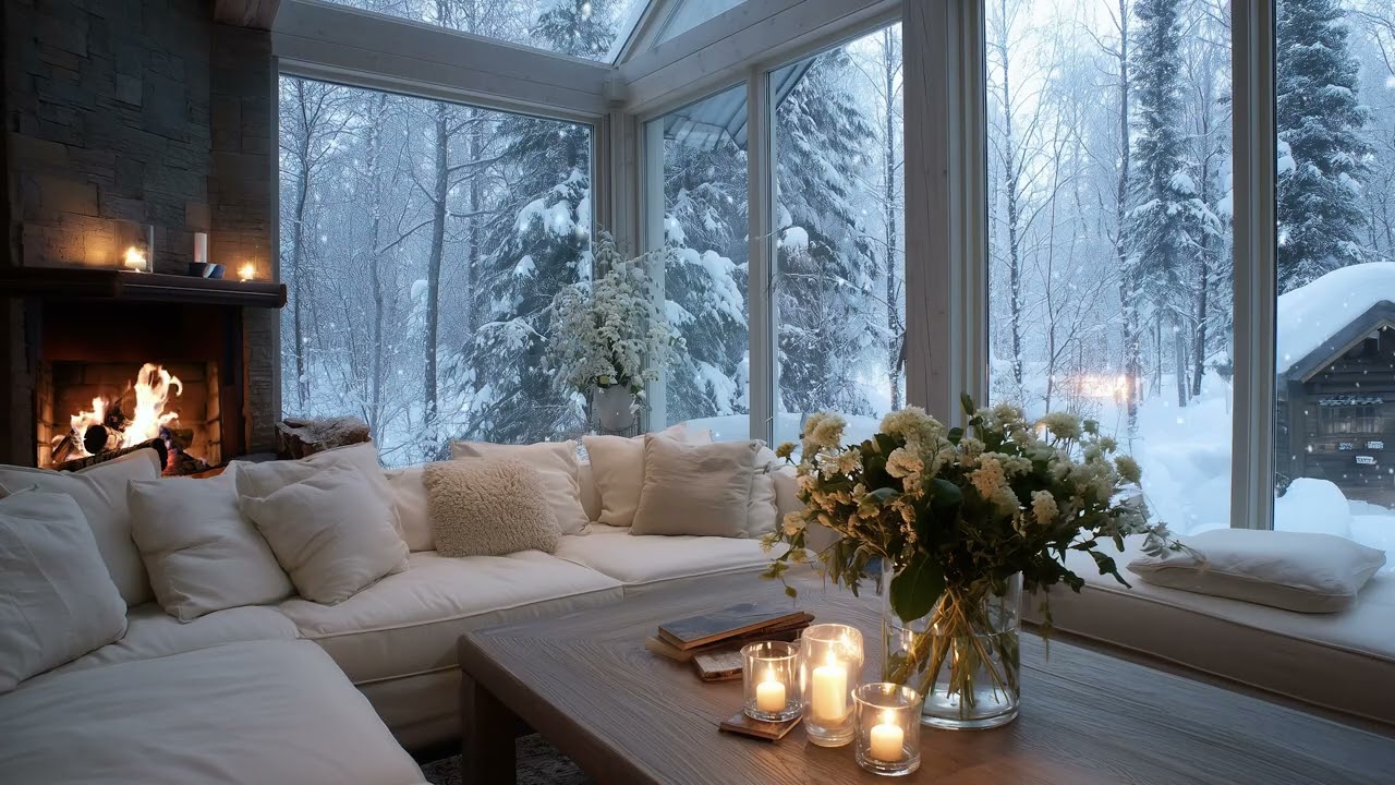 Relaxing Winter Piano Ambience with Crackling Fireplace and Snow Outside the Window