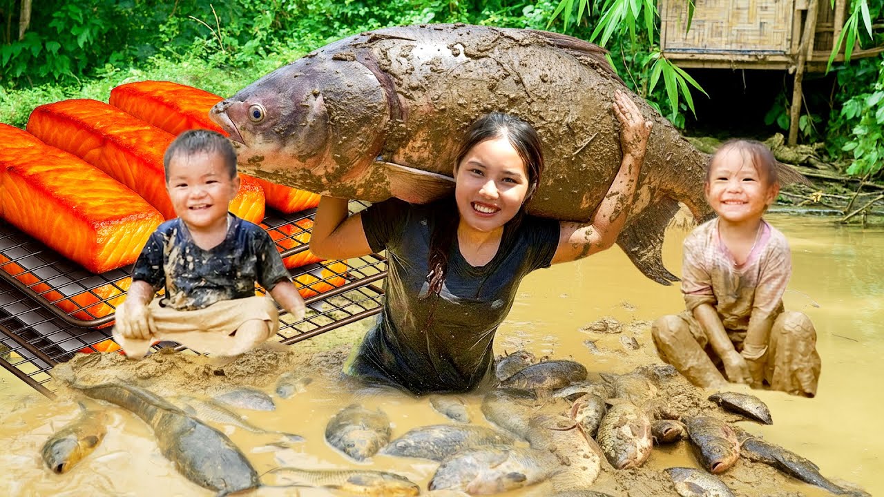 How to Catch Giant Carp in the ABANDONED Fish Pond by Blocking Water to Sell at Market - Grill Fish