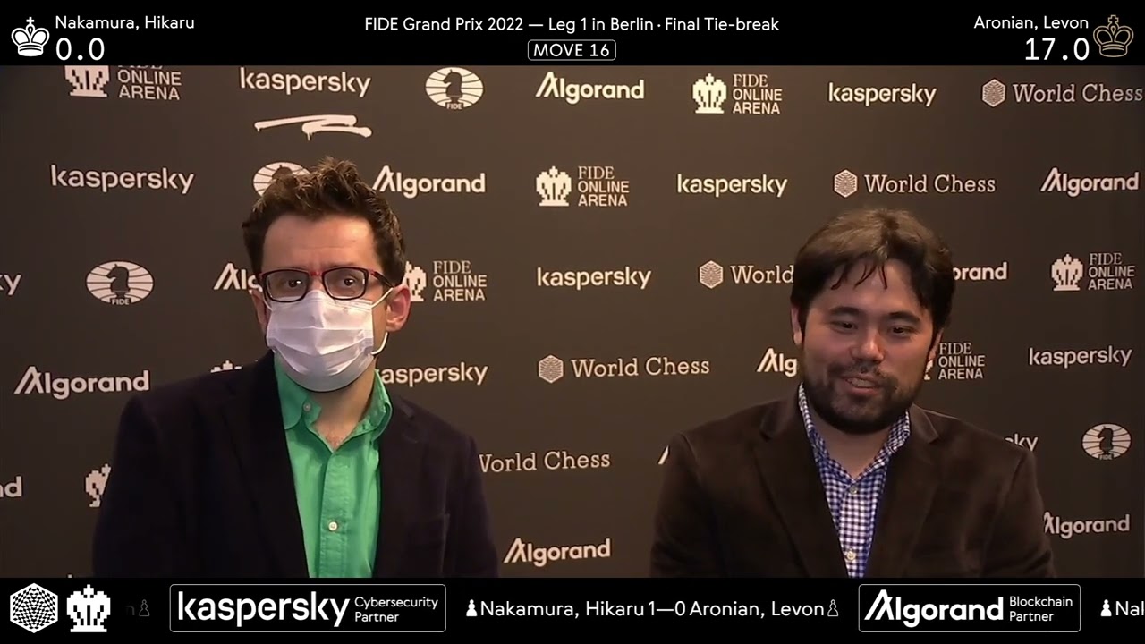 Hikaru Nakamura and Levon Aronian after the final tie-break of the first leg of the FIDE Grand Prix