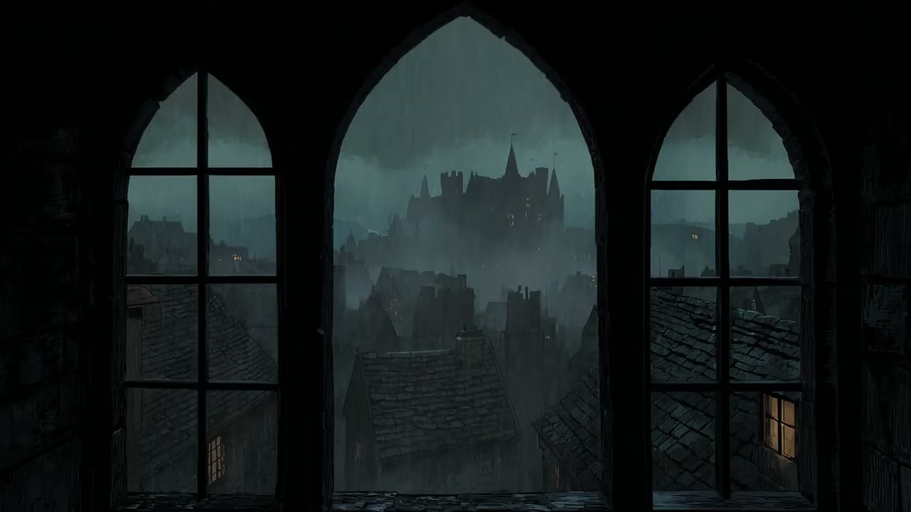 4K Dark Window Medieval Castle View - Rain and Thunder Sounds for Sleeping, Relaxing, Reading & Calm