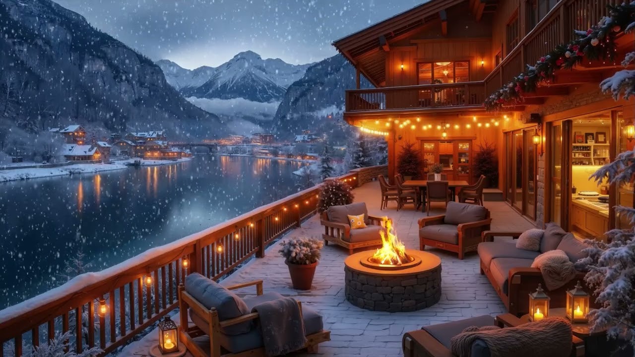 Gentle Winter Jazz ❄️ Warm Balcony Ambience with Fireplace Sounds for Study, Focus & Calm