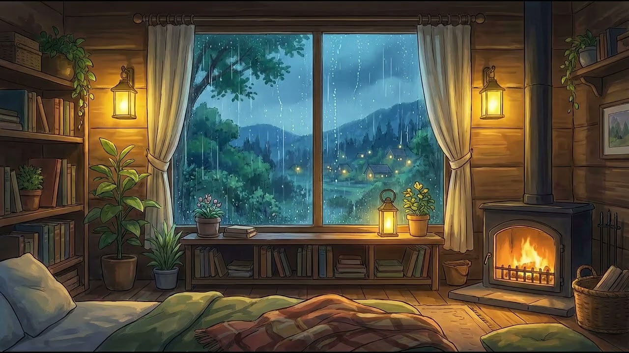 Ghibli Rain at Night 🌧️ Cozy Cabin Window | Pure Rain Sounds for Deep Sleep (2 Hours)