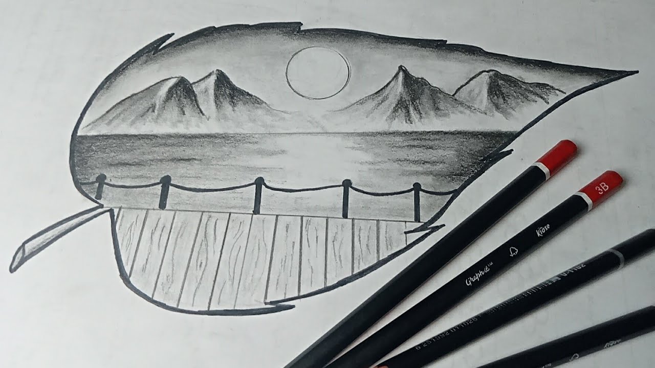رسم منظر طبيعي داخل ورقة شجر | رسم بالقلم الرصاص للمبتدئين | رسم بقلم الرصاص للمبتدئين سهل