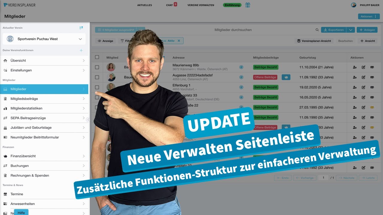 Vereinsplaner Version 3.16 – Neue Verwalten Seitenleiste & Erweiterungen bei Mitgliedsbeiträgen