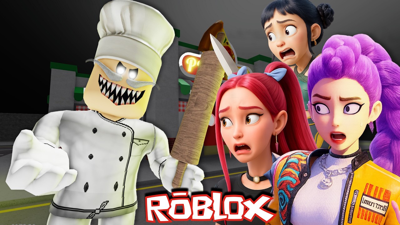 KPop Demon Hunters Rumi, Mira and Zoey ESCAPE Papa Pizza's Pizzeria in Roblox! (SCARY OBBY)