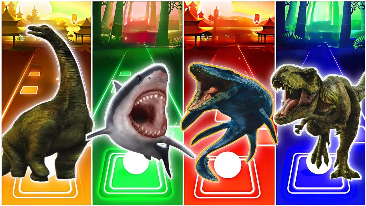 JurassicWorld T-rex Spider🆚The Mosasaurus🆚The Tyranosaurus🆚The Insdoraptor CoffinDance Song TilesHop