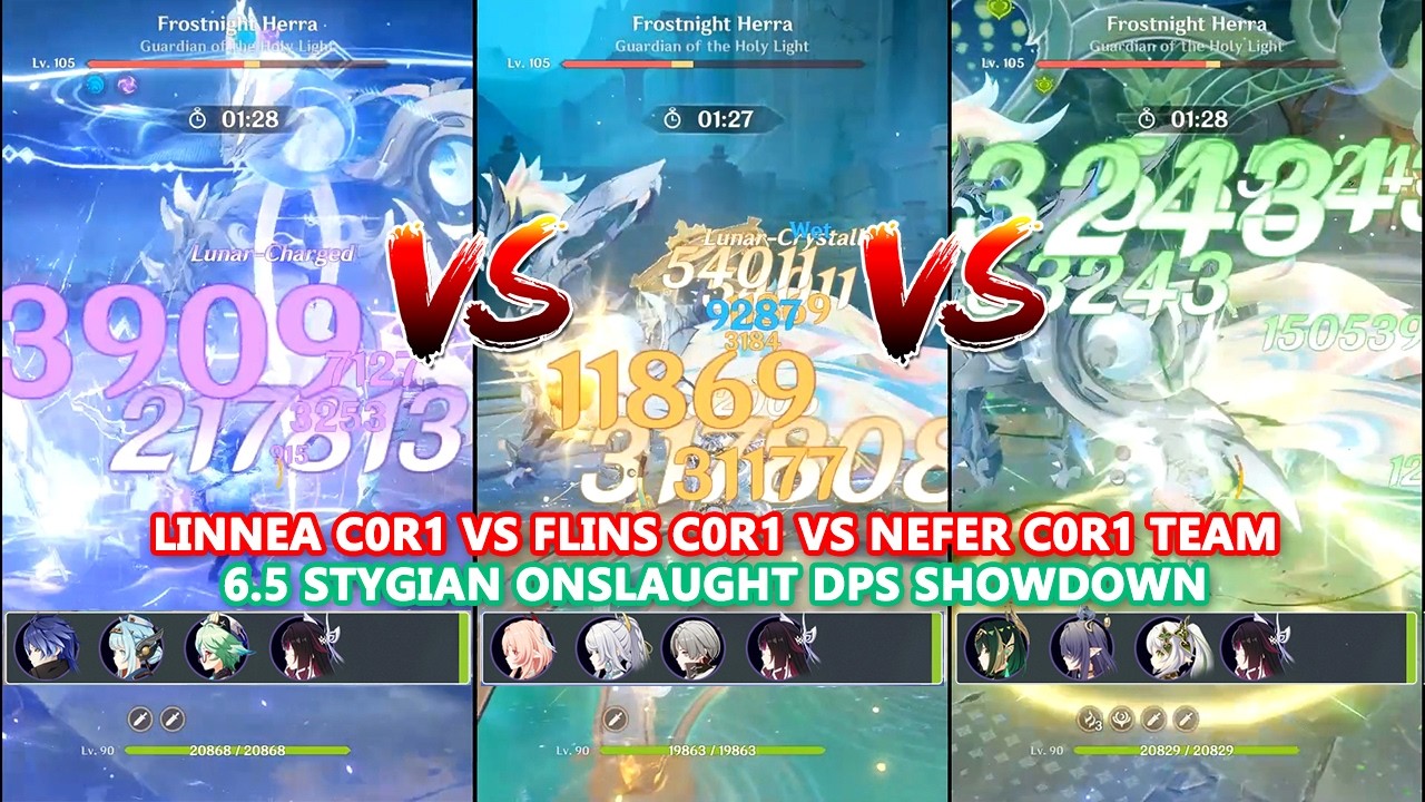 Linnea C0R1 vs Flins C0R1 vs Nefer C0R1 Team : 6.5 Stygian Onslaught DPS Showdown