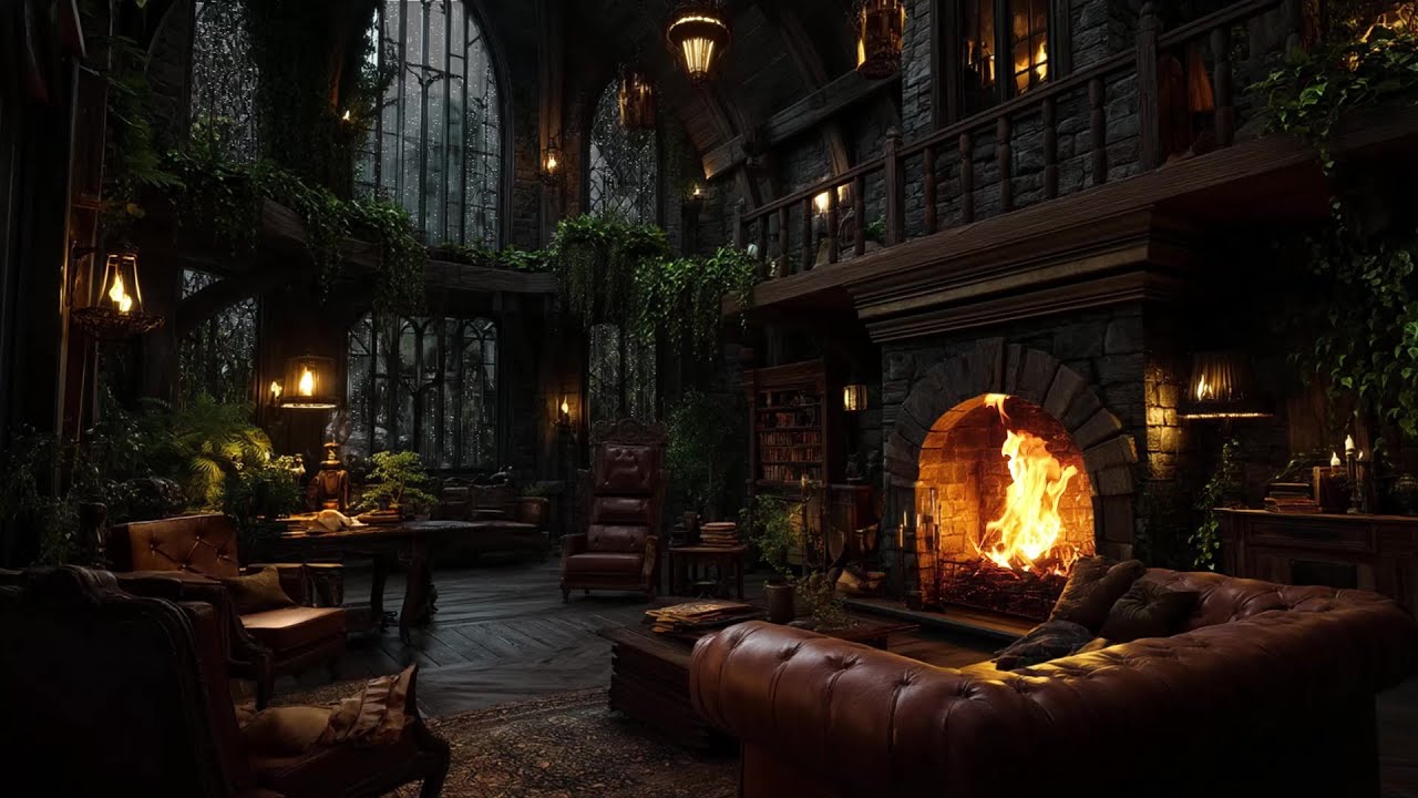 Medieval Castle Ambience | Heavy Rainstorm Outside and Warm Crackling Fireplace Inside