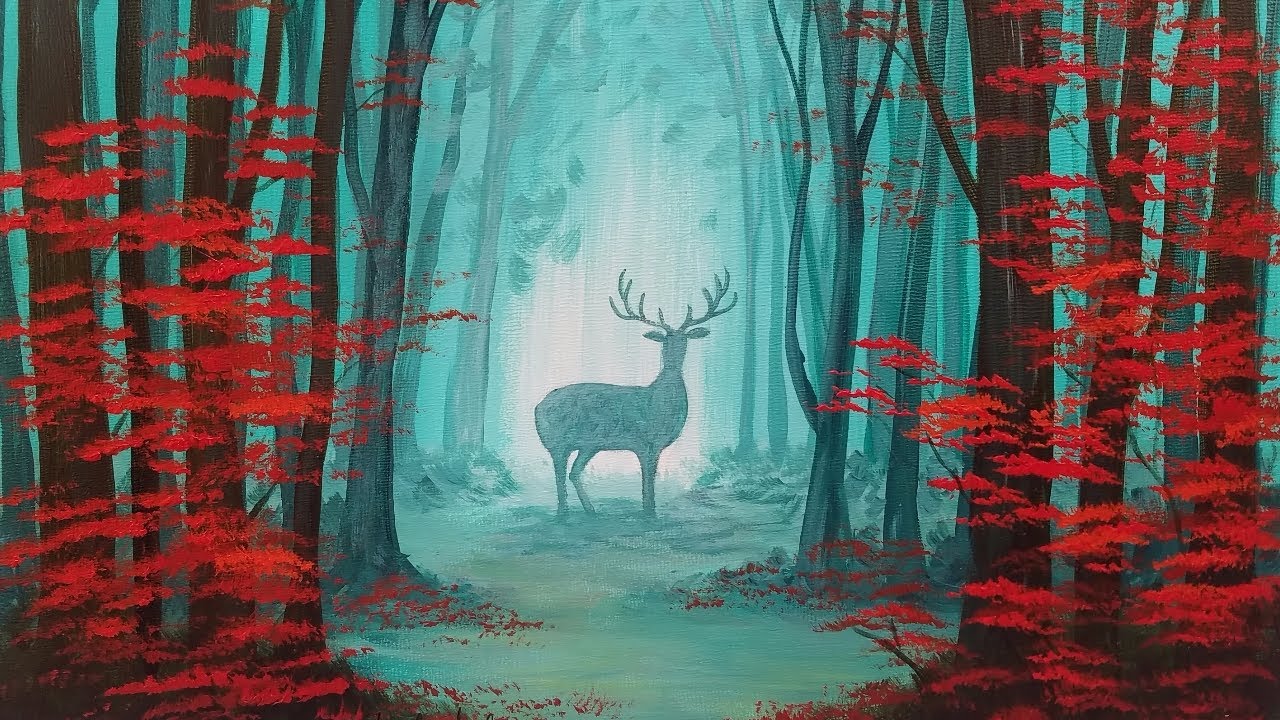 Easy Beginner Tutorial Autumn Forest Landscape with Deer Silhouette Acrylic Painting LIVE