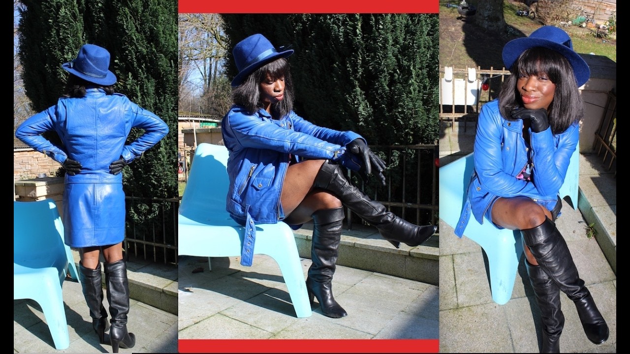 BLUE LEATHERS - MINISKIRT WITH MATCHING BLUE LEATHER JACKET-BLACK LEATHER GLOVES & THIGH-HIGH BOOTS