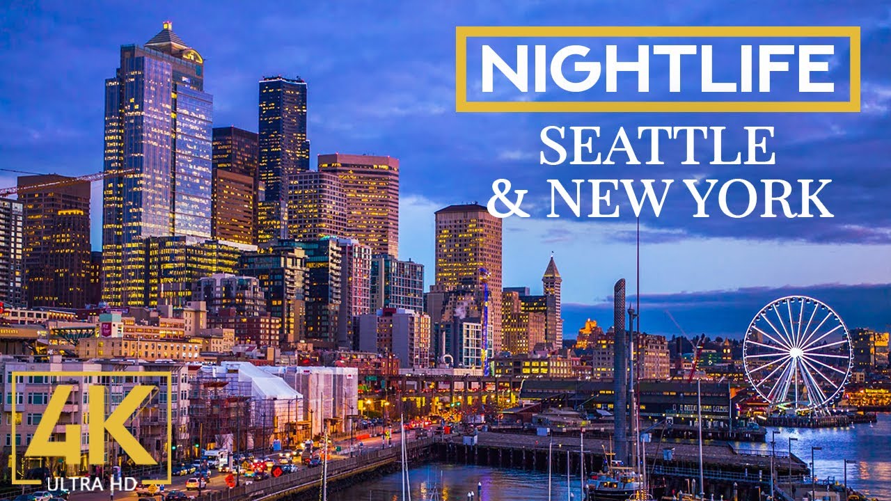 Night Skylines of Seattle & New York - 4K Night City Life Video with Relaxing Jazz Music - 10 HOURS