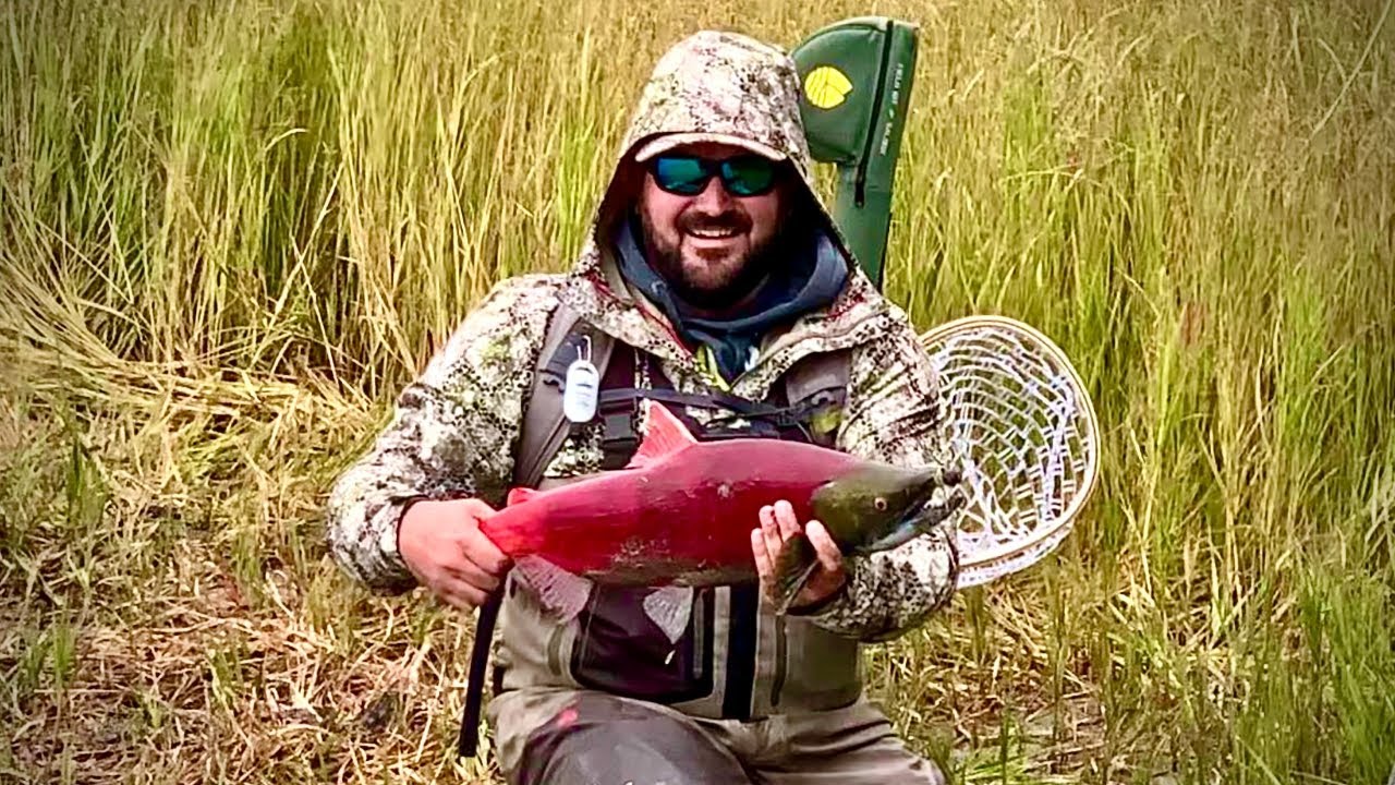 Fly fishing a new area of Alaska and Caught a big old red Salmon!!!